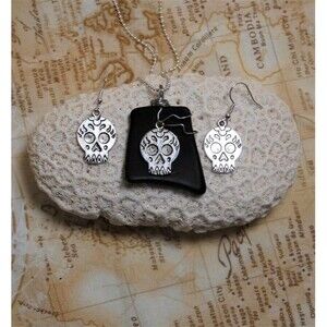 Black Sea Glass Style Sugar Skull Necklace and Earring Set Handmade Wire Wrapped